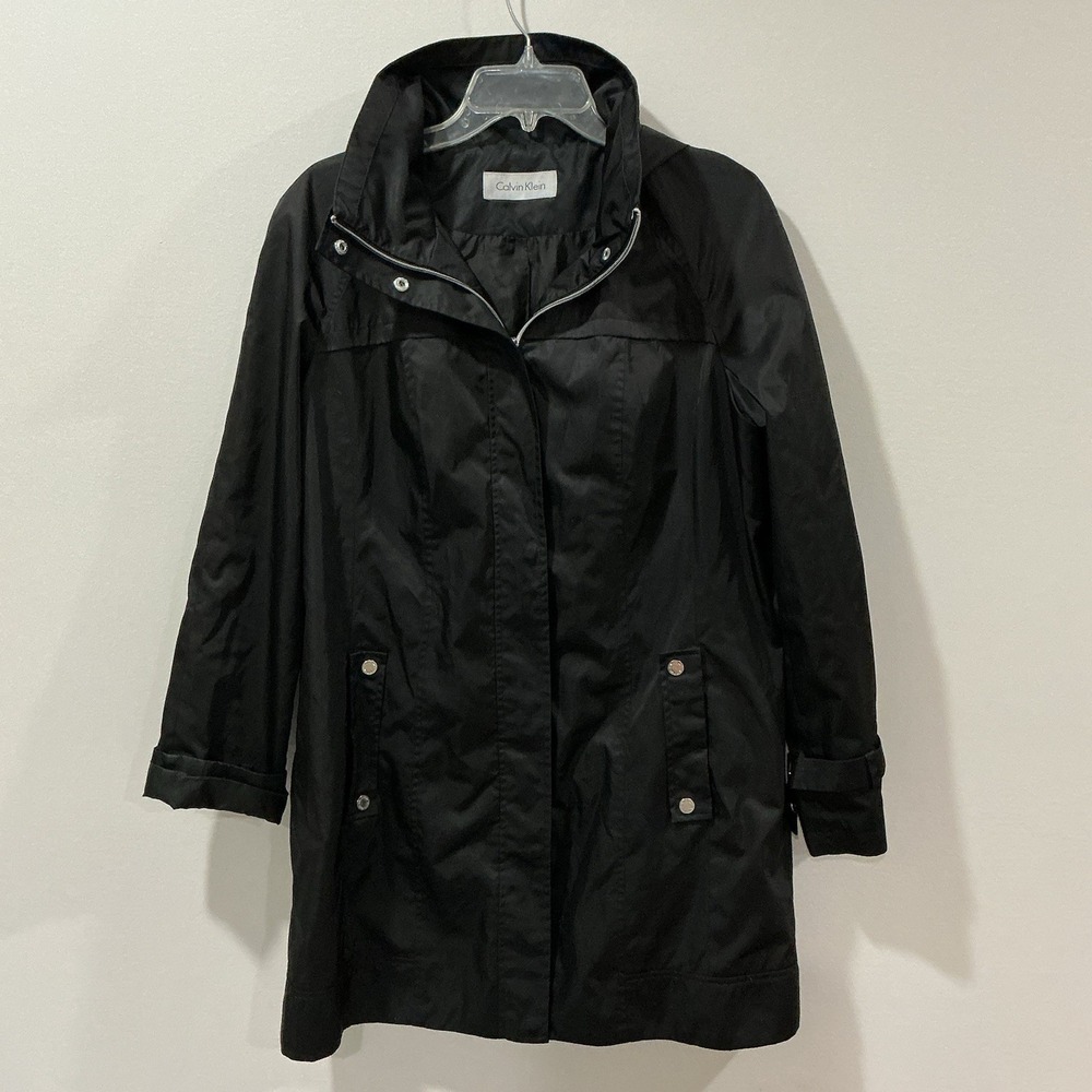 CALVIN KLEIN XL Black Anorak Rain Coat Jacket Zip Hidden Hood‎ Silver Hardware